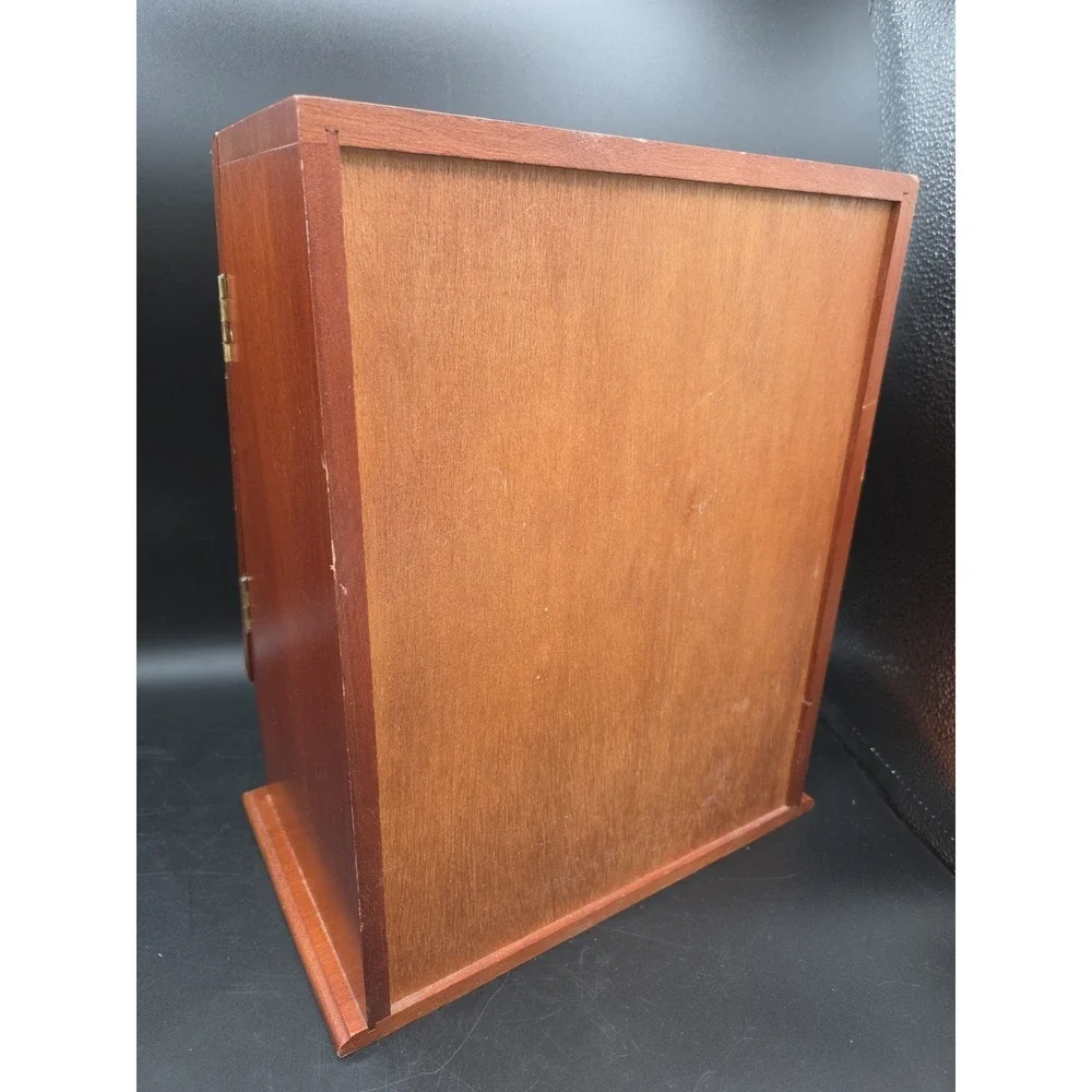 Vintage Wooden Jewelry Box Armoire Etched Glass Doors Rotating Carousel Mirror